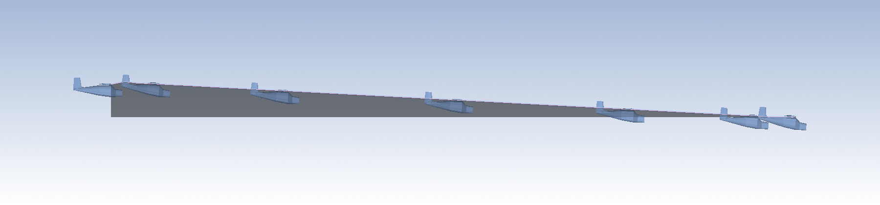Side-view 3D rendering of the Cessna glide: seven airplane models spaced along a long, shallow descending flight path, each slightly nose-up, with a translucent gray surface connecting the path down to the ground.